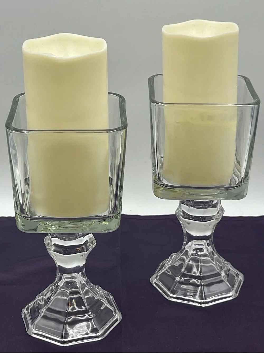 Vintage Pressed Glass Candle Holders Square Top Hexagonal Stem Pedestal Set of 2